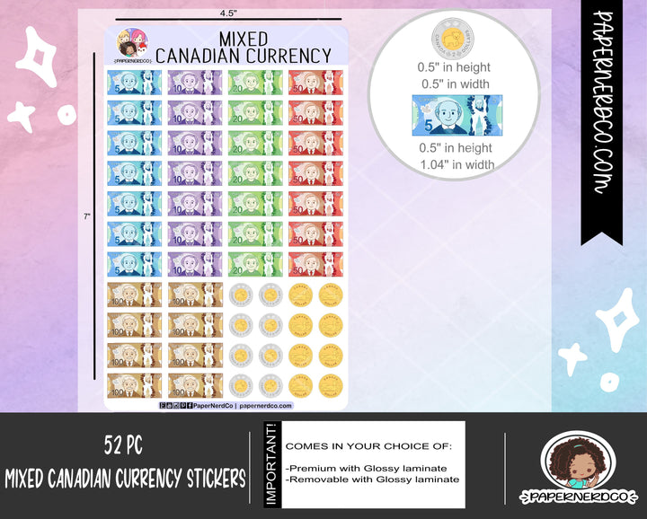 Mixed Canadian Bills Currency Stickers | Planner Stickers